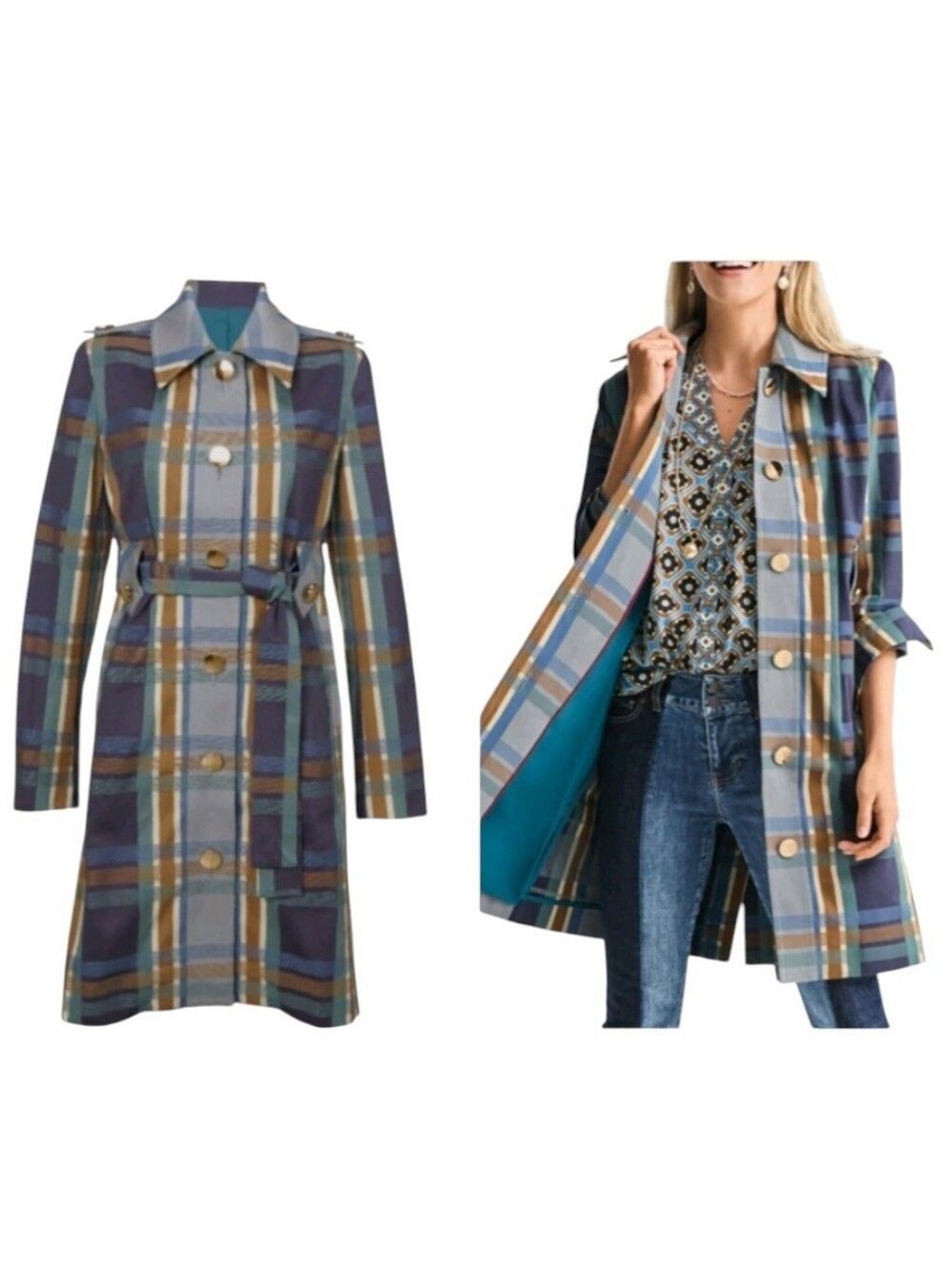 Cabi Highclere Trench Coat Blue Plaid Multi Belted Gold Tone Buttons Size L